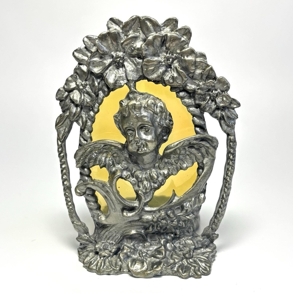 Vintage Craven Pottery Pewter Cherub Angel Votive Candle Holder Yellow Glass 4"